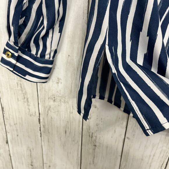 Ann Klein Blue White Stripe Roll Sleeve Lightweight Beach Summer Button Up Shirt - Picture 5 of 10